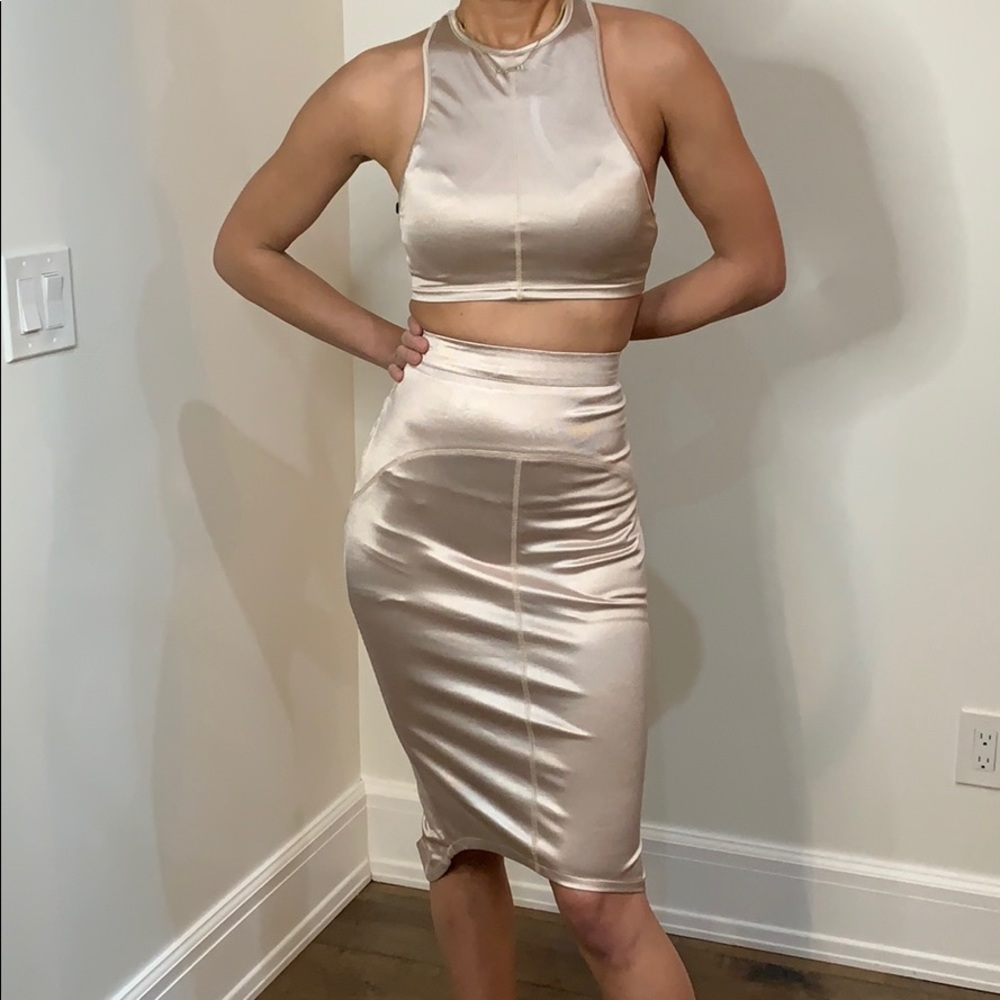 champagne satin ribbed co-ord dream set.